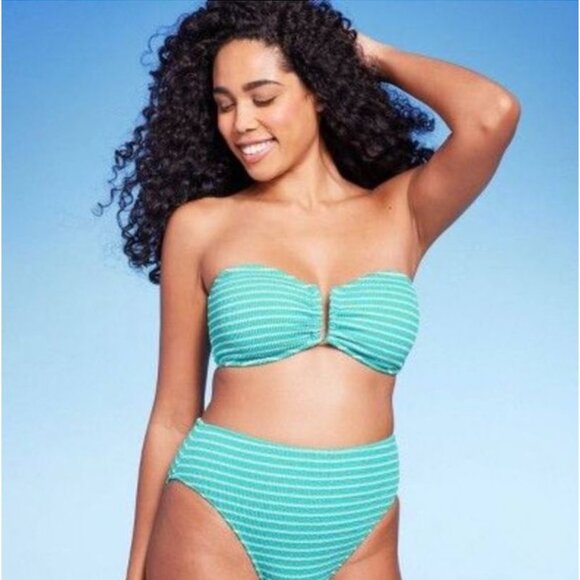 SHADE & SHORE BIKINI TOP PUCKER FRONT U-WIRE BANDEAU TEXTURE STRIPED TEAL LARGE - Picture 4 of 6